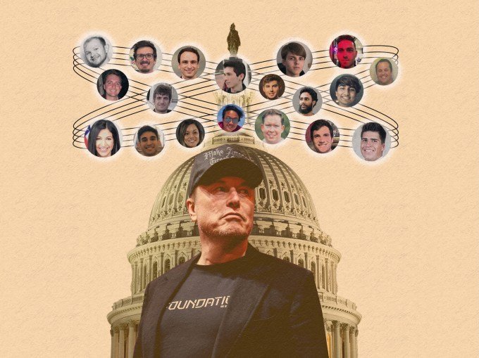 an illustration of Elon Musk, stood in front of a graphic of the U.S. Capitol, with various faces around Musk of those who are in his inner circle, including DOGE members.